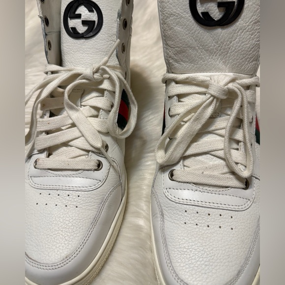 Gucci White High-Top Sneakers with Green and Red Web Stripe - Picture 3 of 12